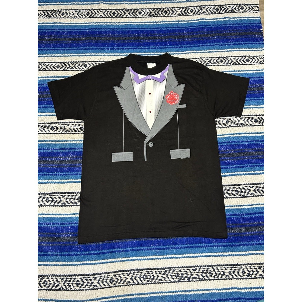 Vintage Ocean Wave 80's 90's Tuxedo Black T Shirt L Made in USA Heavy LA Prints
